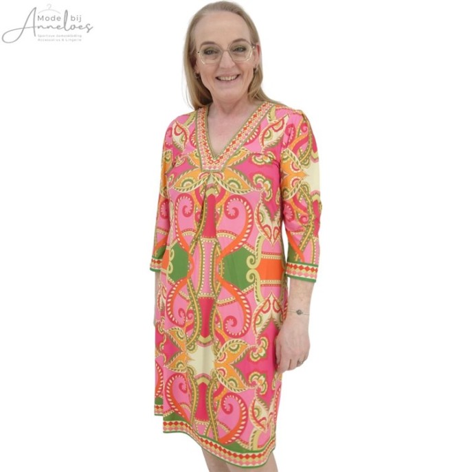 Kdesign Jurk 3/4 vhals pink multi